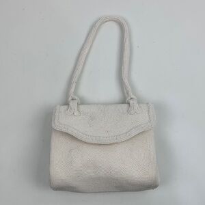 Vintage White Beaded Handbag Creme satin lined with pockets Flap snap closure